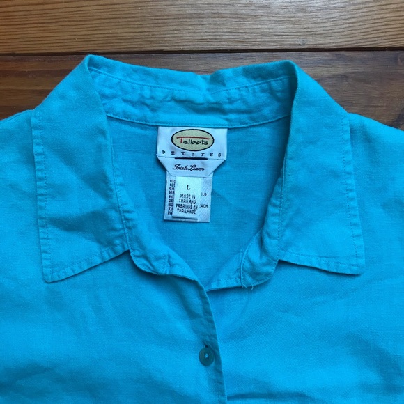 Talbots Teal Irish Linen Short Sleeve Button Down Top, EUC, L - Picture 5 of 11